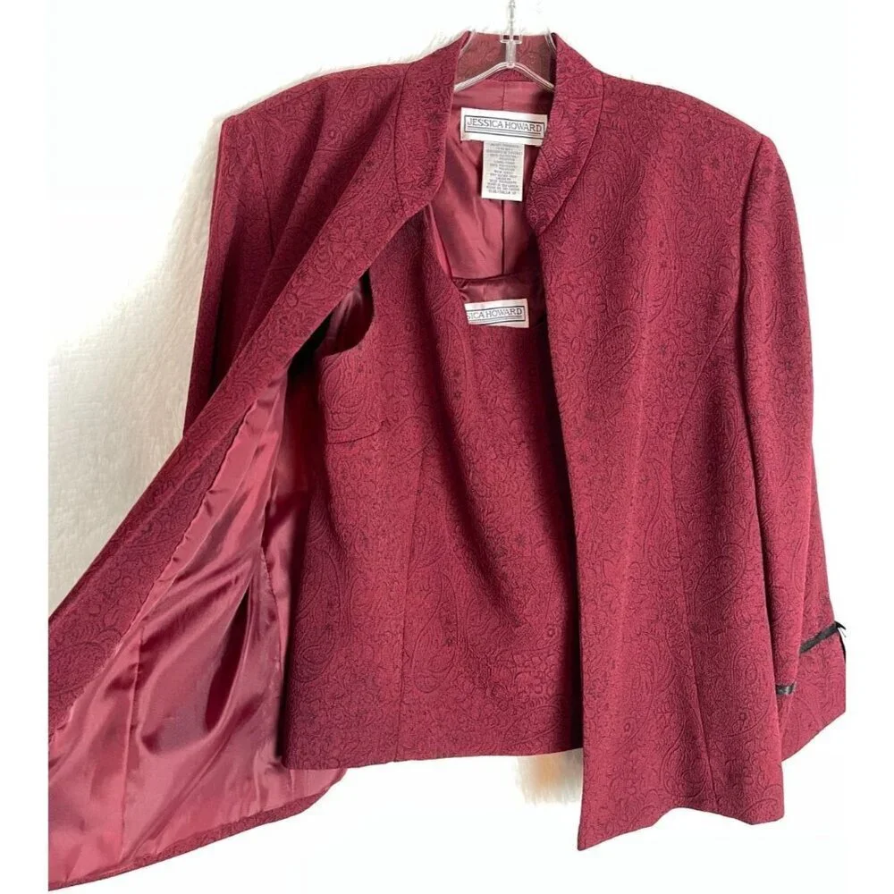 Jessica Howard 12 2 Piece Jacket & Top Maroon Paisley Textured Mother of Bride
